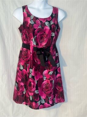 Perceptions New York Pink & Black Rose Floral Fit & Flare Satin Sleeveless 14 👍